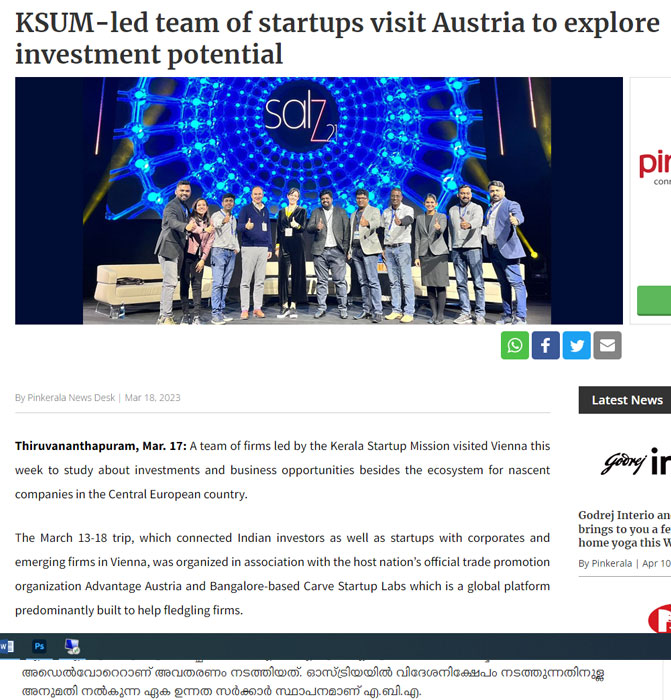 Pink Kerala’s report on Wizycom Nurture titled; Startup Mission-Led Delegates from India Visit Austria to Explore Investment Potential. 